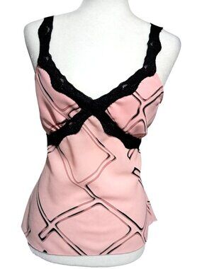 Y2K Charlotte Russe Top Womens Pink Sleeveless Lace Detail Tie Back Patterned De
